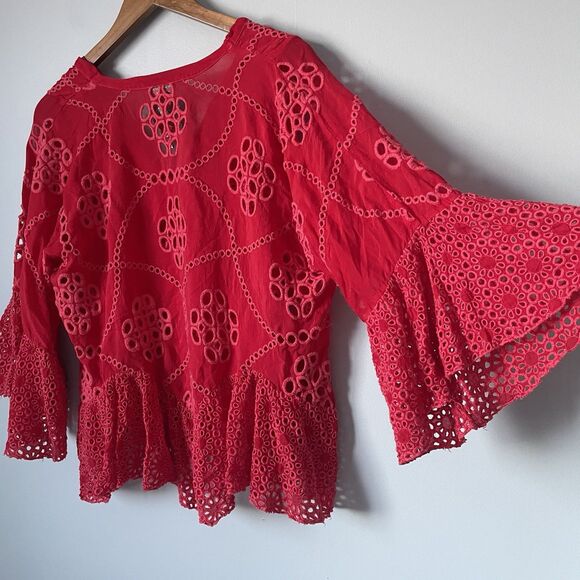 Johnny Was Xanthos Rae Blouse Red Embroidered Flowy Button Up Women's Medium - Picture 6 of 11